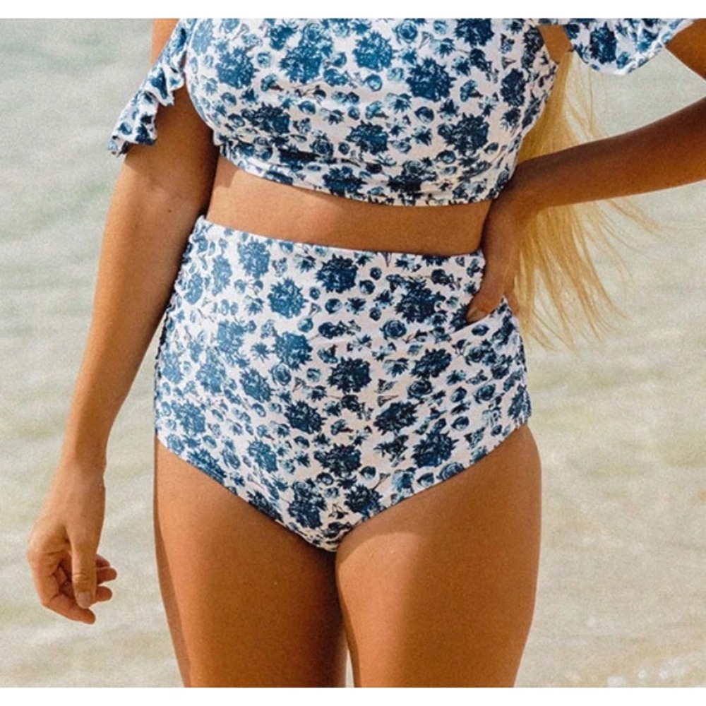 Albion Fit Santorini Ruched High-Waisted Bottoms Womens M Blue Floral Swimwear